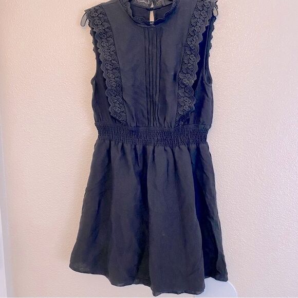Black Lace trim sleeveless elastic waist whimsy goth festival mock rayon Dress L - Picture 1 of 9
